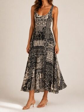 Fuzzi Mesh 2-way Maxi Dress Sleeveless patchwork floral M/L